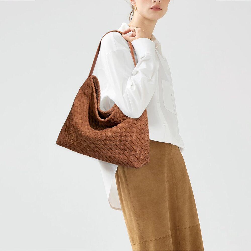 2453 Woven Suede Shoulder Bag , Leather Crossbody Bags Top Handle Handbag - Picture 2 of 6